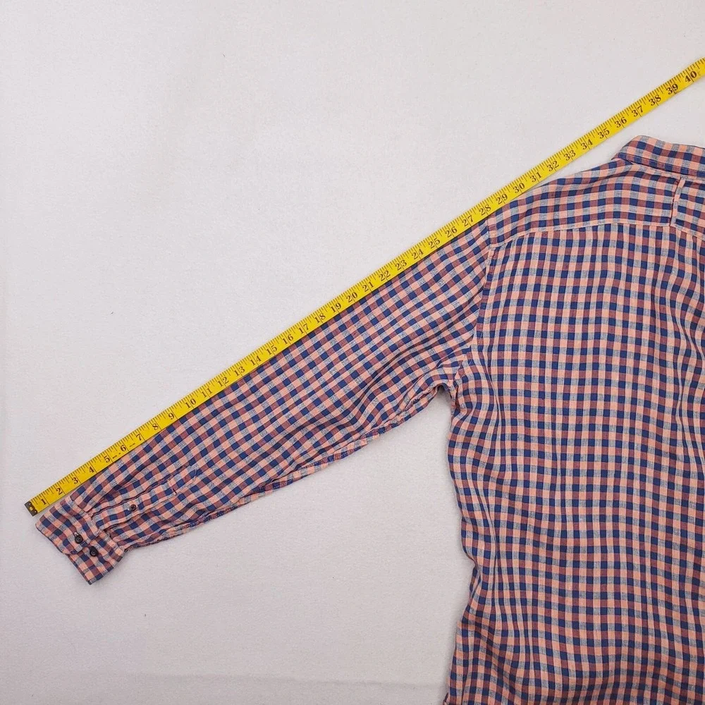 Banana Republic Shirt Mens Large Blue Peach‎ Camden Linen Gingham Plaid Preppy